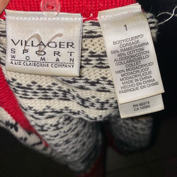 Villager Sport Liz Claiborne Red White Blue Fair Isle Snowflake Zip Up Cardigan - Picture 8 of 12